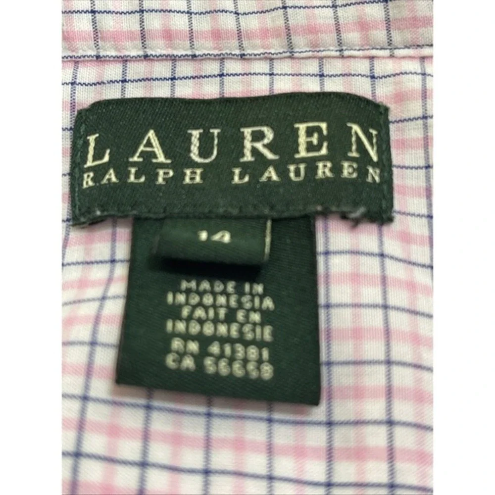 Ralph Lauren Youth Button Down Shirt Blue Pink‎ Check Long Sleeve Cotton Size 14